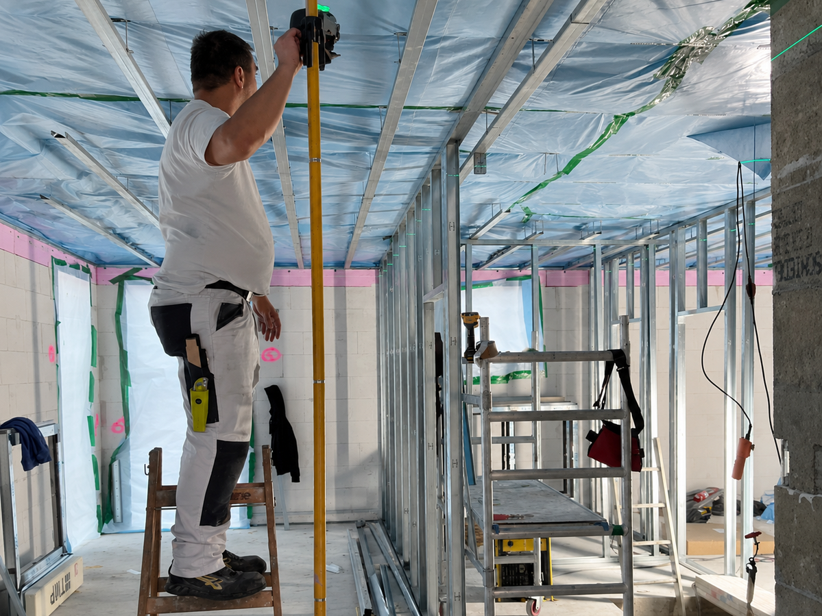Trockenbauarbeiten im Innenausbau eines Einfamilienhauses während der Bauphase