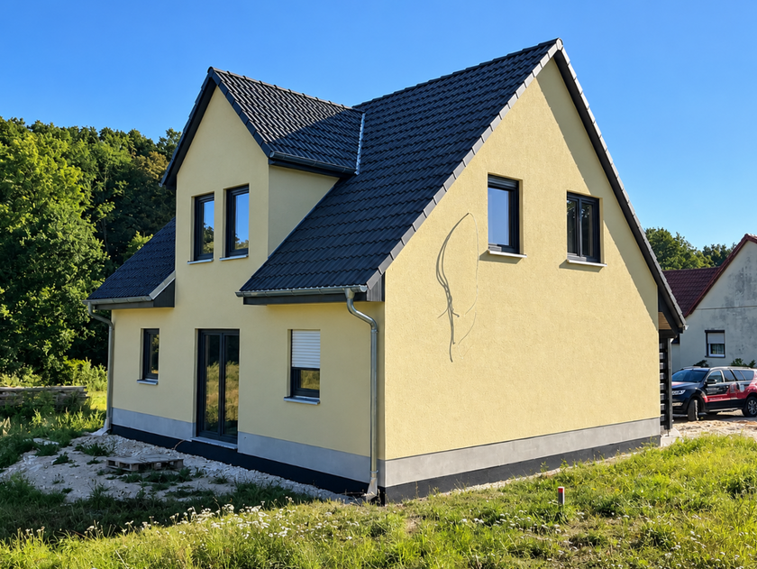 Einfamilienhaus vor der Gestaltung der Außenanlagen mit sichtbarem Sockelbereich