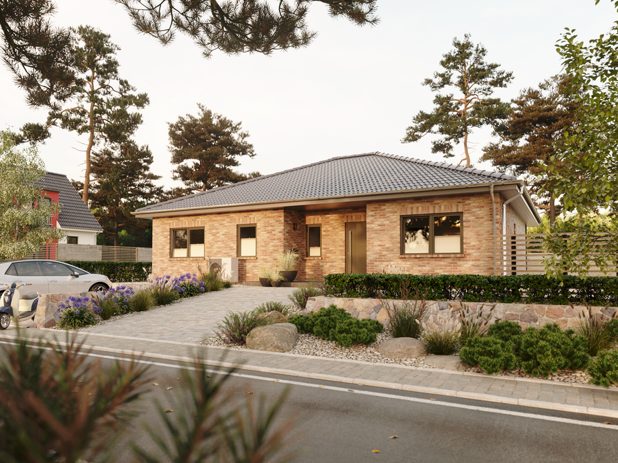 Einladende Straßenansicht des Bungalow 128 mit Cienna-Klinker, gepflasterte Einfahrt und bepflanzter Vorgarten