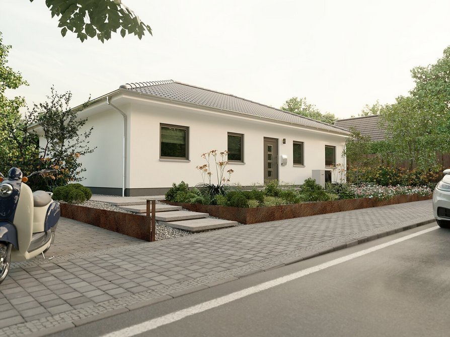 Bungalow 110 mit klarer Fassadengestaltung, Walmdach und attraktivem Vorgarten – Blick von der Straße