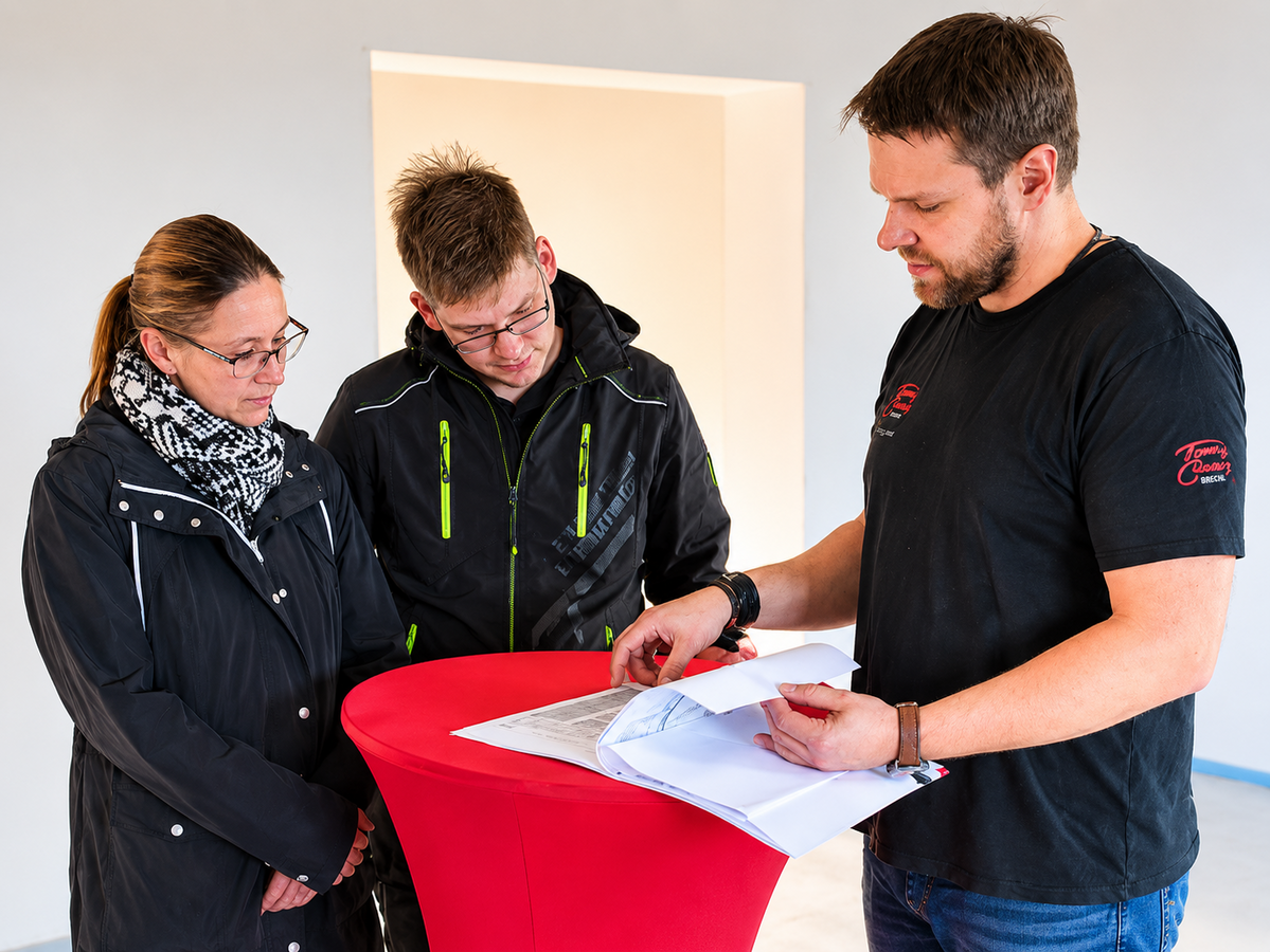 Beratungsgespräch mit Bauherren und Planunterlagen zur individuellen Hausplanung