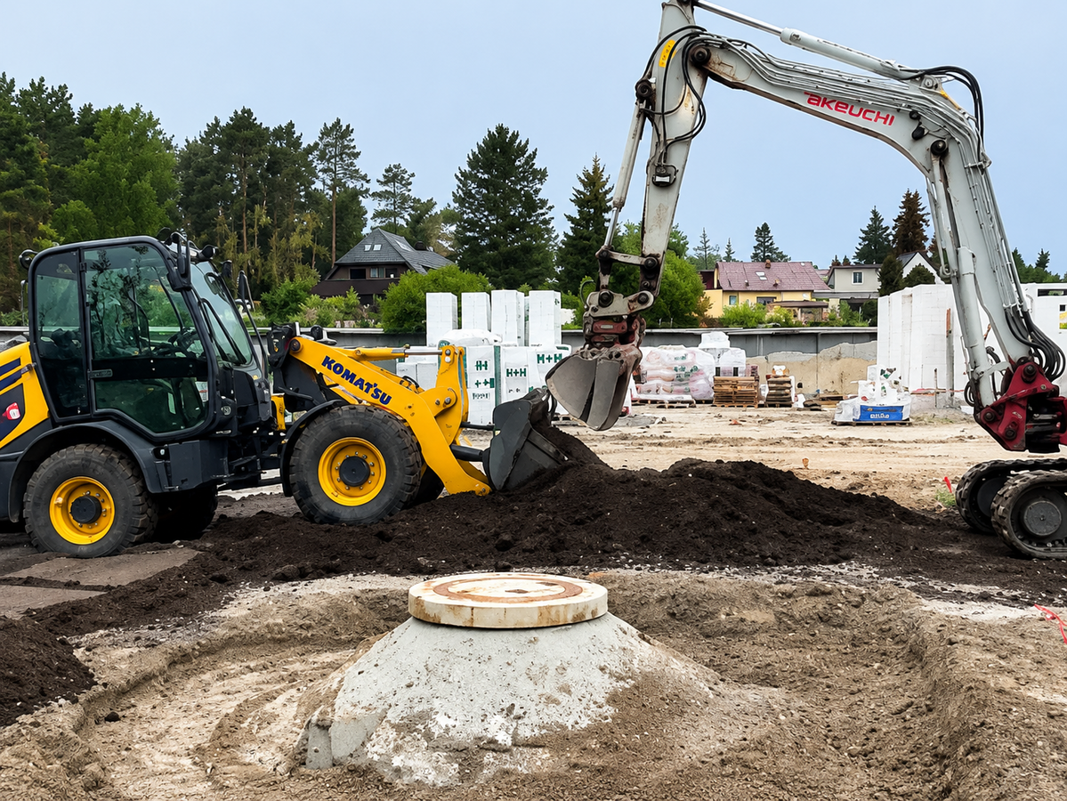 Bagger und Radlader bei Tiefbauarbeiten auf einem Baugrundstück